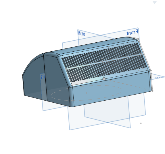 Originale CAD-Ansicht des Heatboosters mit Lüftungsgitter und Arbeitsebenen